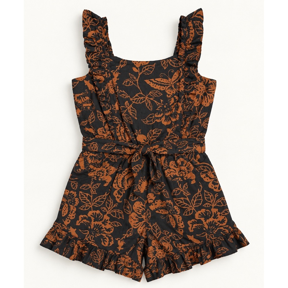 Janie and Jack Girls Black Brown Floral Ruffle Romper Size 12 NWT